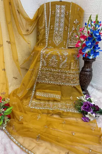 Yellow embroidered organza stitched palazzo style salwar suit