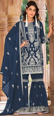 Blue embroidered organza stitched palazzo style salwar suit 1