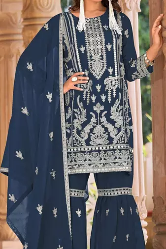 Blue embroidered organza semi-stitched palazzo style salwar suit
