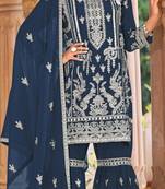 Blue embroidered organza semi-stitched palazzo style salwar suit