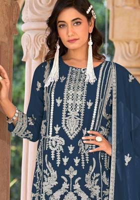 Blue embroidered organza stitched palazzo style salwar suit 2