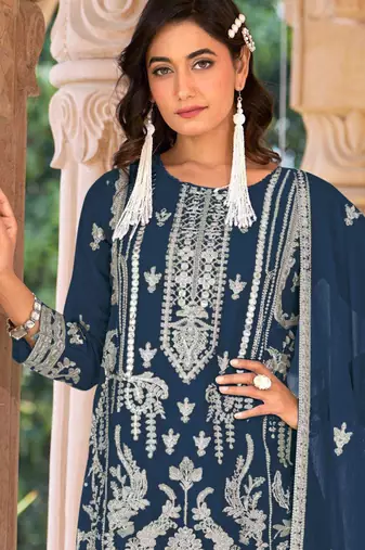 Blue embroidered organza stitched palazzo style salwar suit