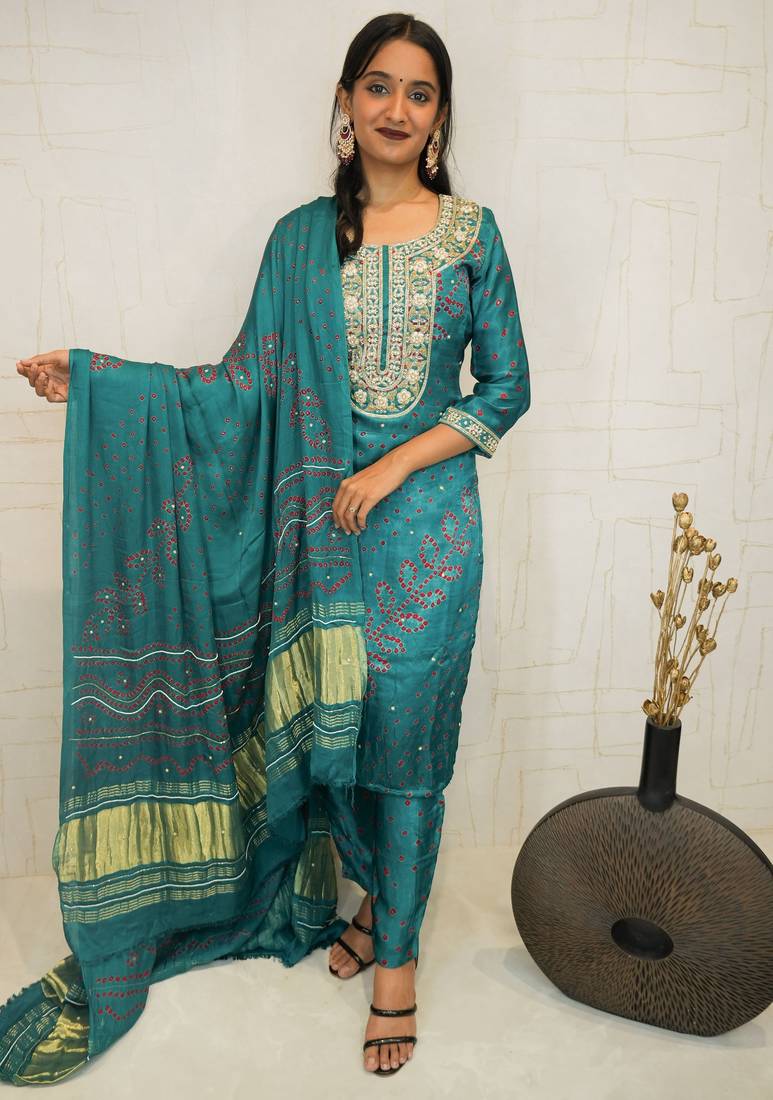 Handcrafted luxurious bandhani suit.