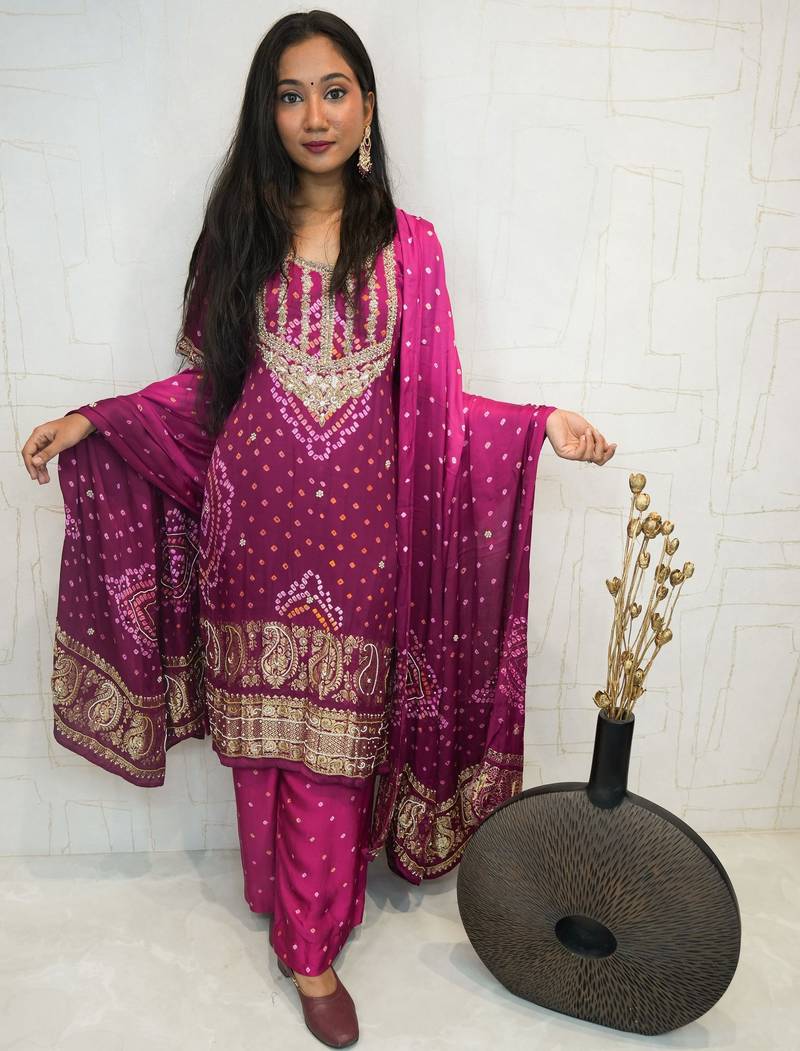 Handcrafted luxurious bandhani suit.