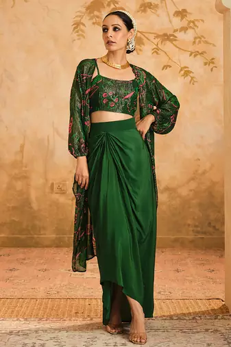 Green Georgette Printed cape Set