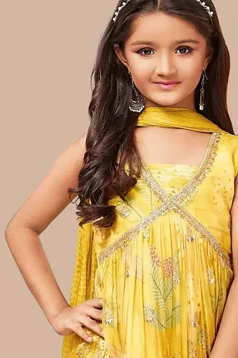 Yellow Floral Print Girl's Alia style Sharara Georgette Salwar Suit for kids