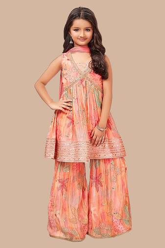 White Button New Flamingo Pink Floral Print Girl's Alia style Sharara Georgette Salwar Suit for kids