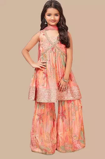 White Button New Flamingo Pink Floral Print Girl's Alia style Sharara Georgette Salwar Suit for kids