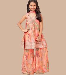 White Button New Flamingo Pink Floral Print Girl's Alia style Sharara Georgette Salwar Suit for kids