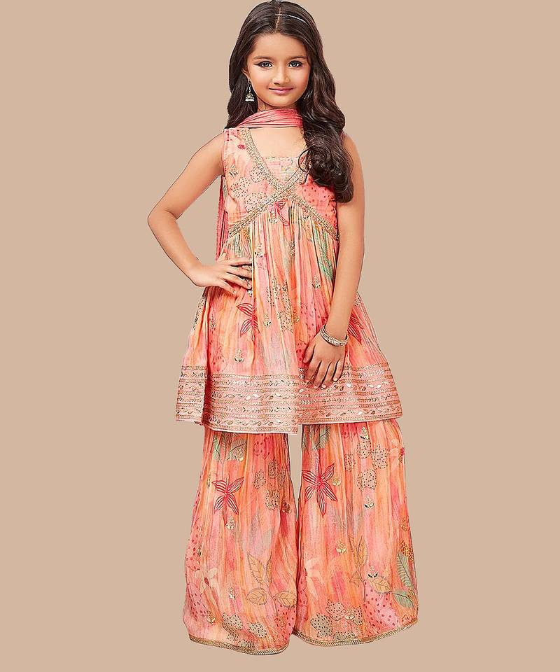 White Button New Flamingo Pink Floral Print Girl's Alia style Sharara Georgette Salwar Suit for kids