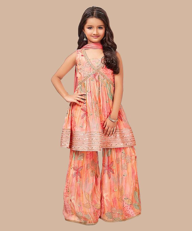 White Button New Flamingo Pink Floral Print Girl's Alia style Sharara Georgette Salwar Suit for kids