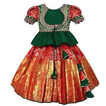 White Button Girl's New Green Jecquard silk south indian pavdai pattu Readymade Lehenga Choli 1