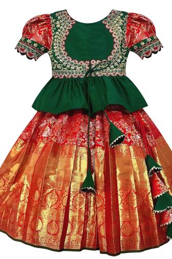 White Button Girl's New Green Jecquard silk south indian pavdai pattu Readymade Lehenga Choli