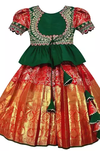 White Button Girl's New Green Jecquard silk south indian pavdai pattu Readymade Lehenga Choli