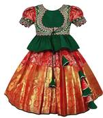 White Button Girl's New Green Jecquard silk south indian pavdai pattu Readymade Lehenga Choli