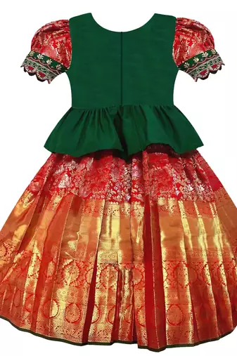 White Button Girl's New Green Jecquard silk south indian pavdai pattu Readymade Lehenga Choli