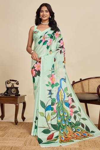 Light green chinon printed saree with floral & peacock design, party wear saree with blouse