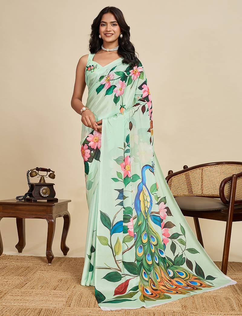 Light green chinon printed saree with floral & peacock design, party wear saree with blouse