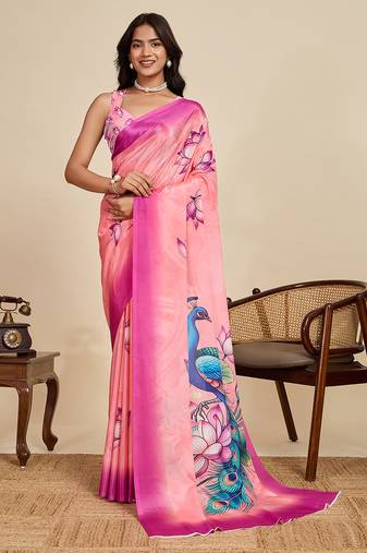 Pink chinon printed saree with floral & peacock design, party wear saree with blouse