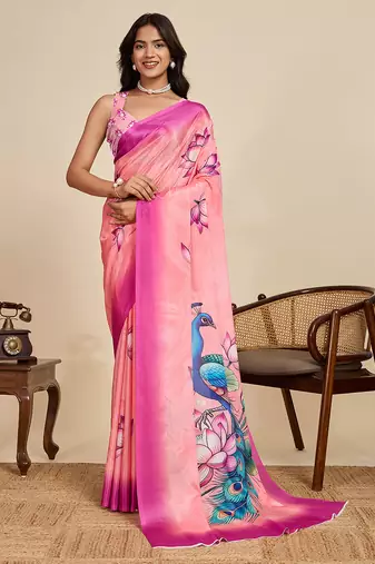 Pink chinon printed saree with floral & peacock design, party wear saree with blouse