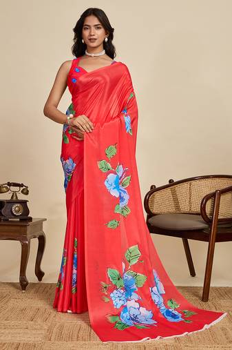 Red chinon printed saree with floral & peacock design, party wear saree with blouse