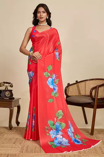 Red chinon printed saree with floral & peacock design, party wear saree with blouse