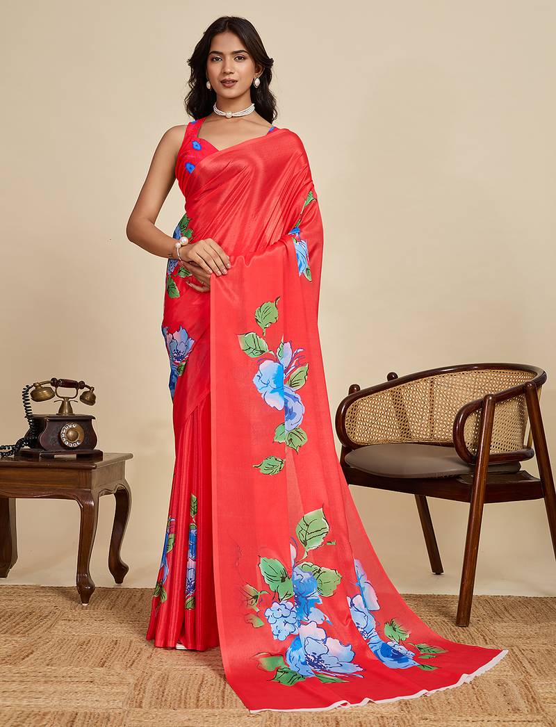 Red chinon printed saree with floral & peacock design, party wear saree with blouse