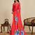 Red chinon printed saree with floral & peacock design, party wear saree with blouse