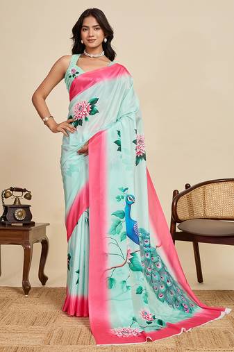 Sky blue chinon printed saree with floral & peacock design, party wear saree with blouse