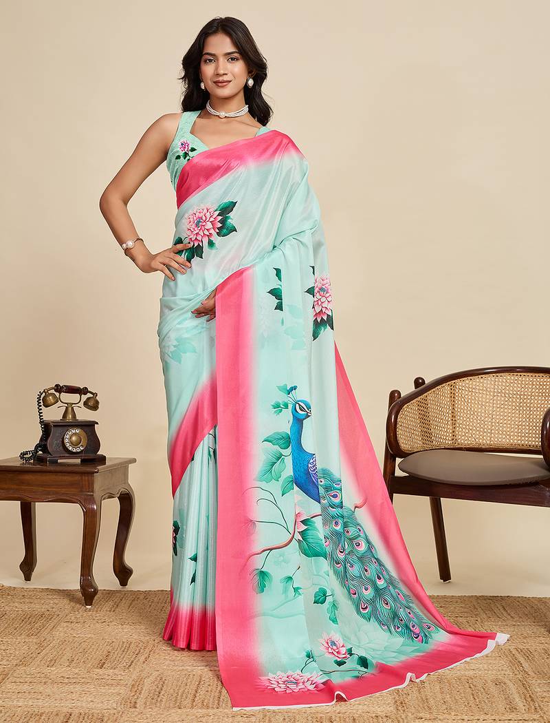 Sky blue chinon printed saree with floral & peacock design, party wear saree with blouse