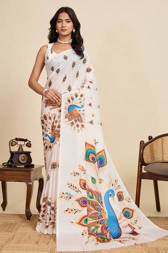 White chinon printed saree with floral & peacock design, party wear saree with blouse