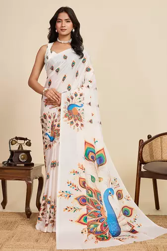 White chinon printed saree with floral & peacock design, party wear saree with blouse