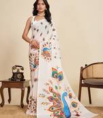 White chinon printed saree with floral & peacock design, party wear saree with blouse