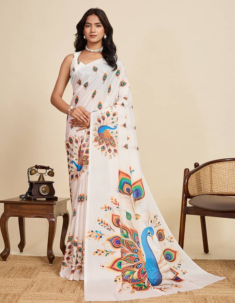 White chinon printed saree with floral & peacock design, party wear saree with blouse