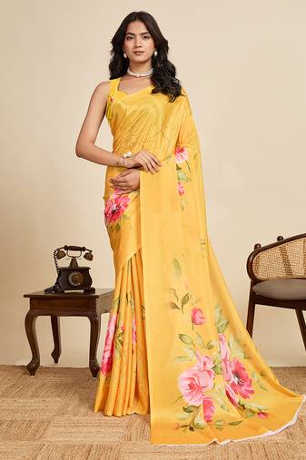 Yellow chinon printed saree with floral & peacock design, party wear saree with blouse