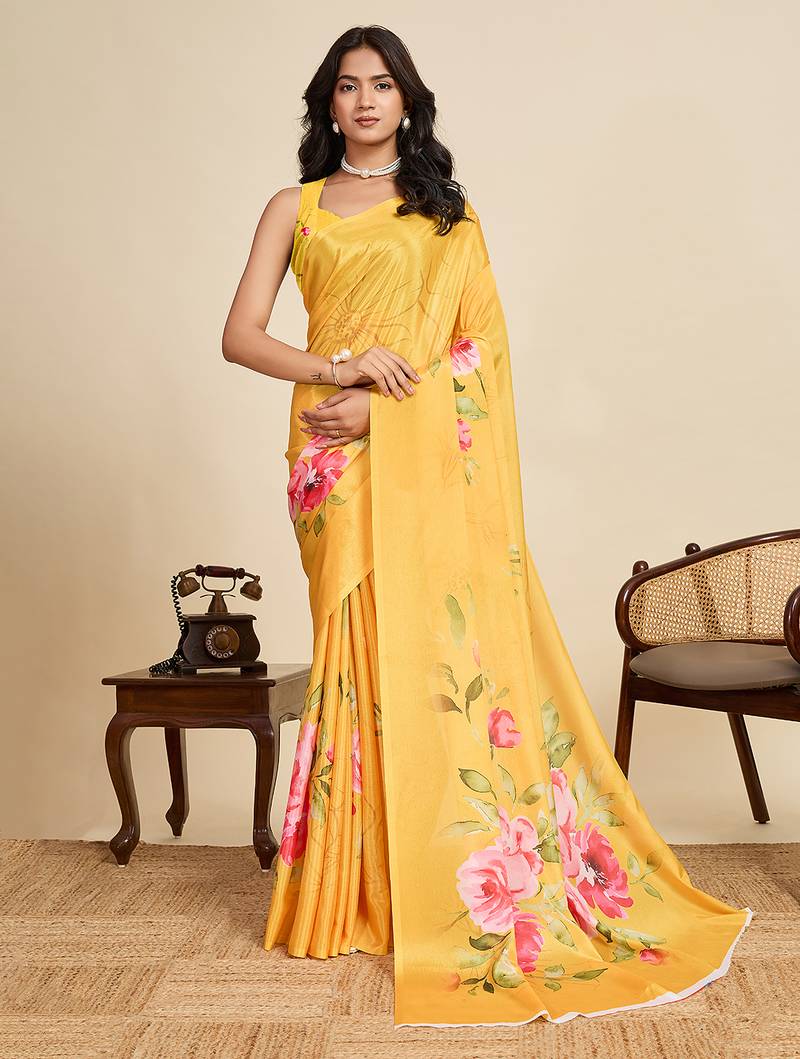 Yellow chinon printed saree with floral & peacock design, party wear saree with blouse