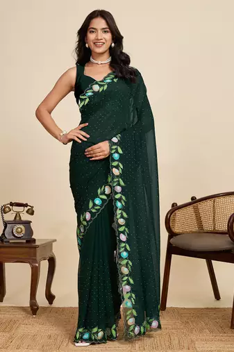 Green georgette printed saree with fancy pallu and stylish blouse – party & casual wear