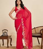 Red georgette printed saree with fviicy pallu viid styresh blouse     party & casual wear