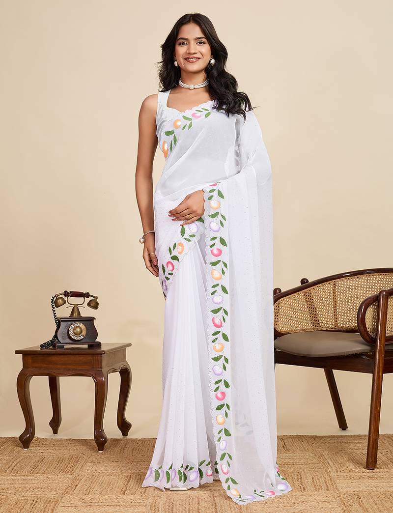 White georgette printed saree with fsdhphunygbincy pallu sdhphunygbind stysksh blouse – party & casual wear