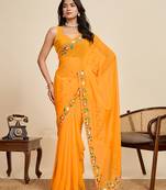 Yellow georgette printed saree with fskcy pallu skd stywhsh blouse     party & casual wear