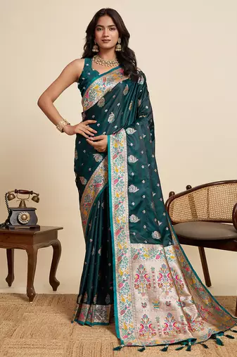 Green paithanisilk blend saree with rich zari woven pallu and contrast mina kari border, traditional designer blouse