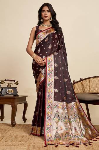 Maroon paithani silk blend saree with rich zari woven pallu and contrast mina kari border, traditional designer blouse