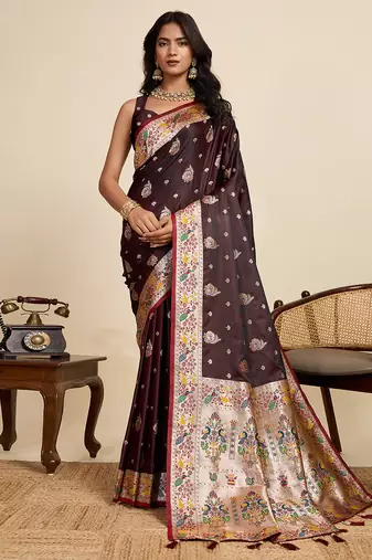 Maroon paithani silk blend saree with rich zari woven pallu and contrast mina kari border, traditional designer blouse