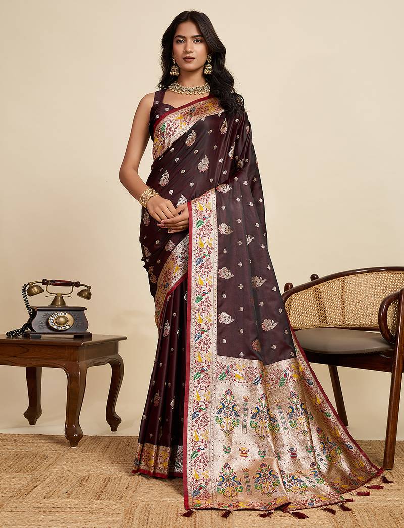 Maroon paithani silk blend saree with rich zari woven pallu and contrast mina kari border, traditional designer blouse