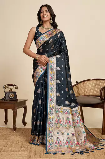 Navy blue paithani silk blend woven pallu and contrast mina kari border traditional Saree with blouse
