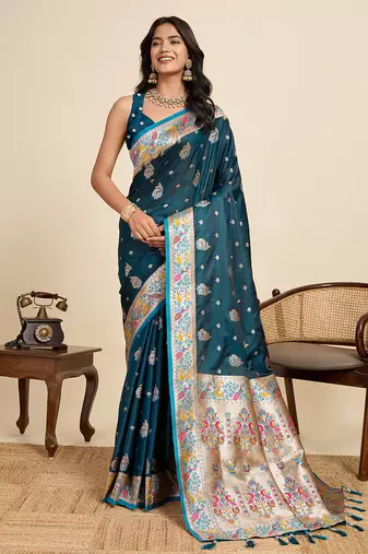 Teal paithani silk blend saree with rich zari woven pallu and contrast mina kari border, traditional designer blouse