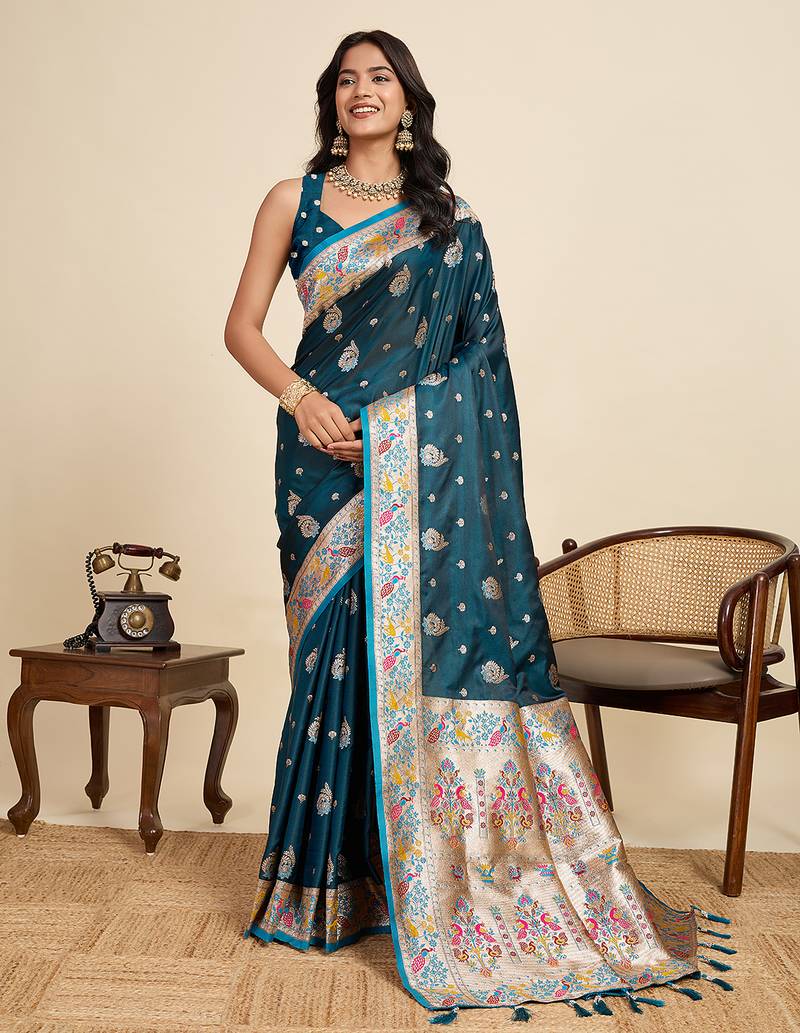 Teal paithani silk blend saree with rich zari woven pallu and contrast mina kari border, traditional designer blouse
