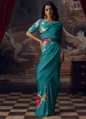 TEAL-BLUE BOLLYWOOD DIGITAL PRINTED SAREE 1