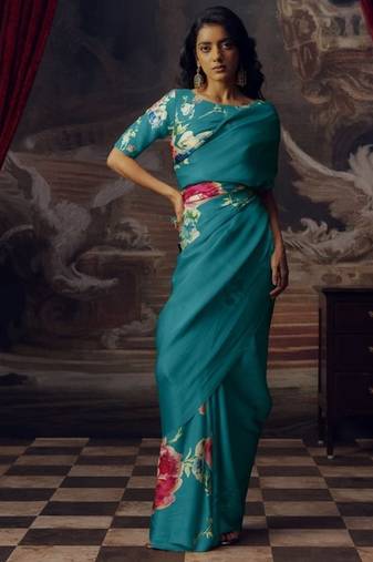 TEAL-BLUE BOLLYWOOD DIGITAL PRINTED SAREE