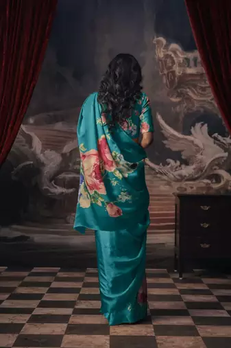 TEAL-BLUE BOLLYWOOD DIGITAL PRINTED SAREE